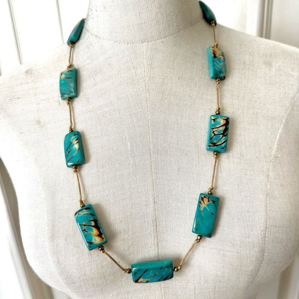 Bronzite and faux turquoise beaded adjustable necklace